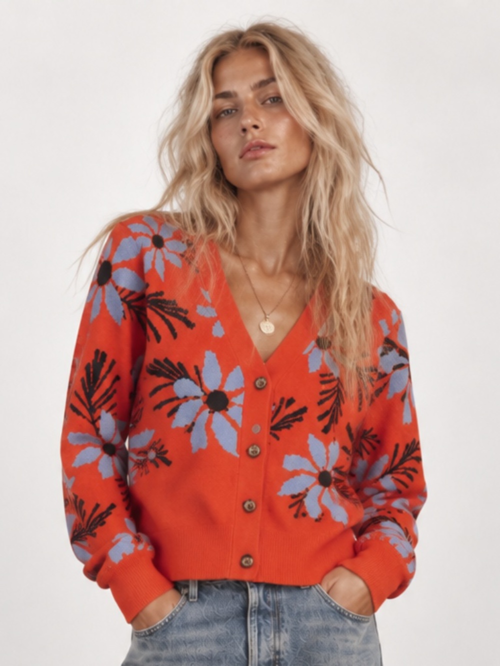 CABI Bloom Cardigan Floral Intarsia Knit Sweater Orange Blue Black Size M EUC